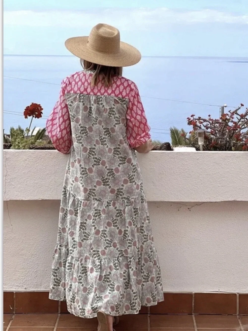 Zara Block Printed Floral Pink Ecru Midi Dress M